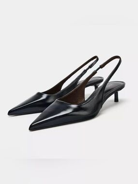 Classic Black Leather Slingback Pointed-Toe Kitten Heels size 9